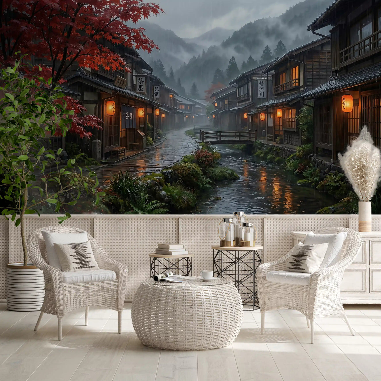 Crimson Rain in Old Japan Wall Mural