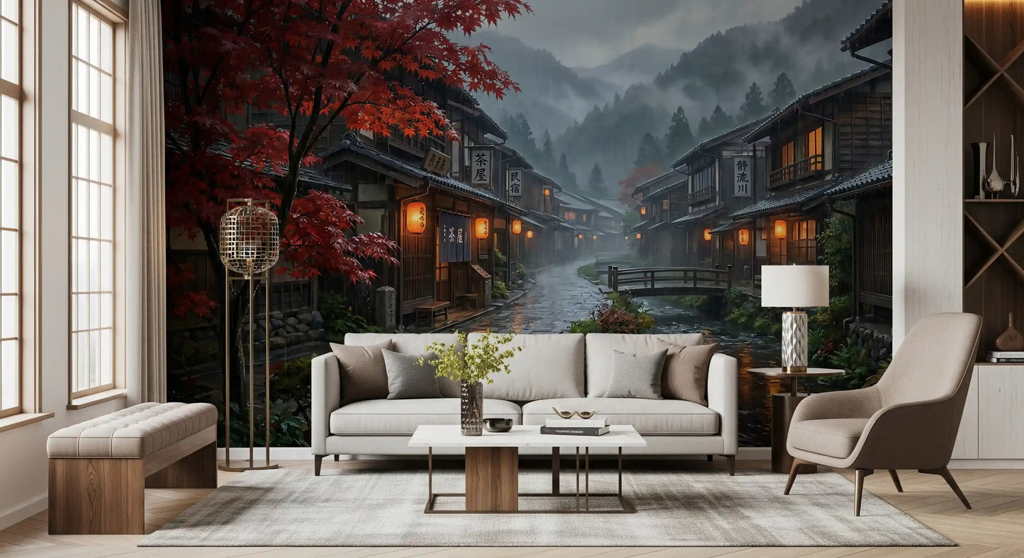 Crimson maple and lantern wall mural seen from a Living corner