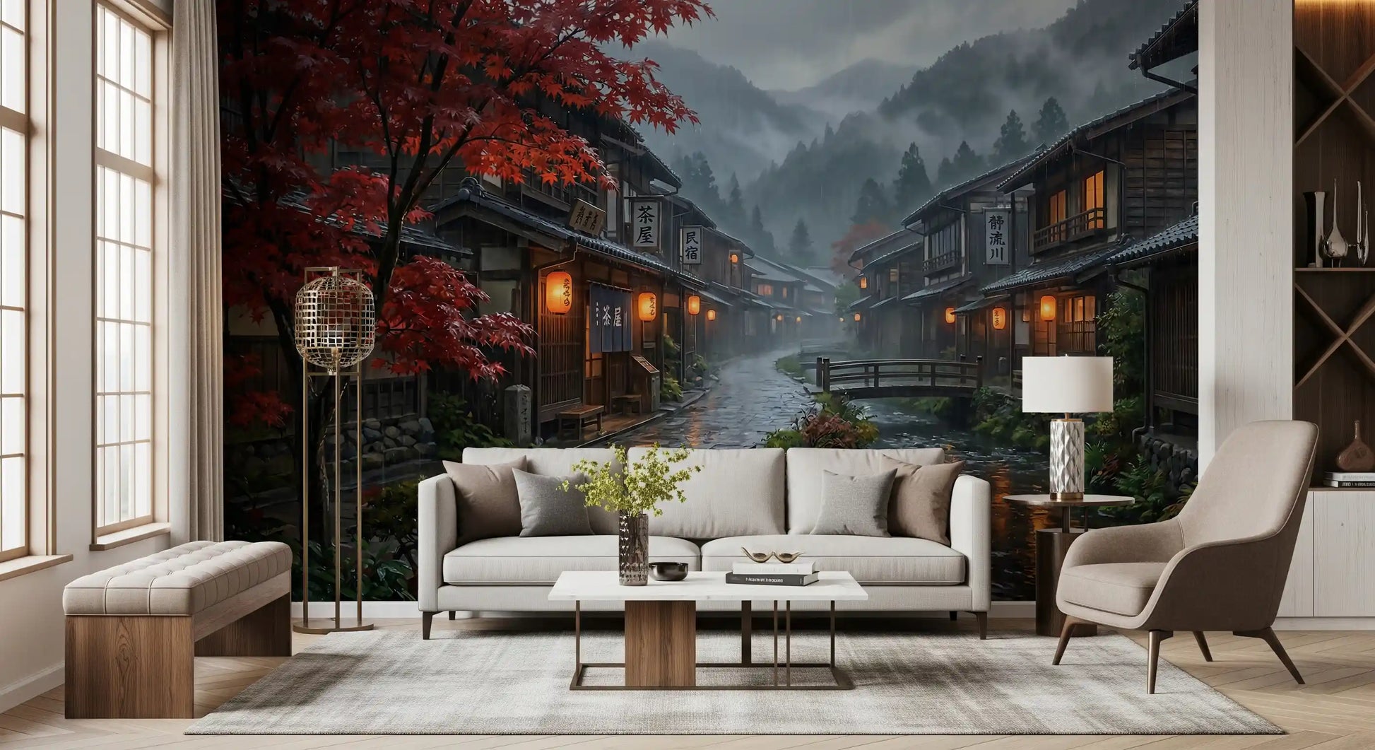 Crimson maple and lantern wall mural seen from a Living corner
