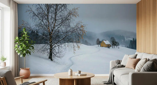 Snowy Path Yellow House wall mural spanning a living room in cool winter tones