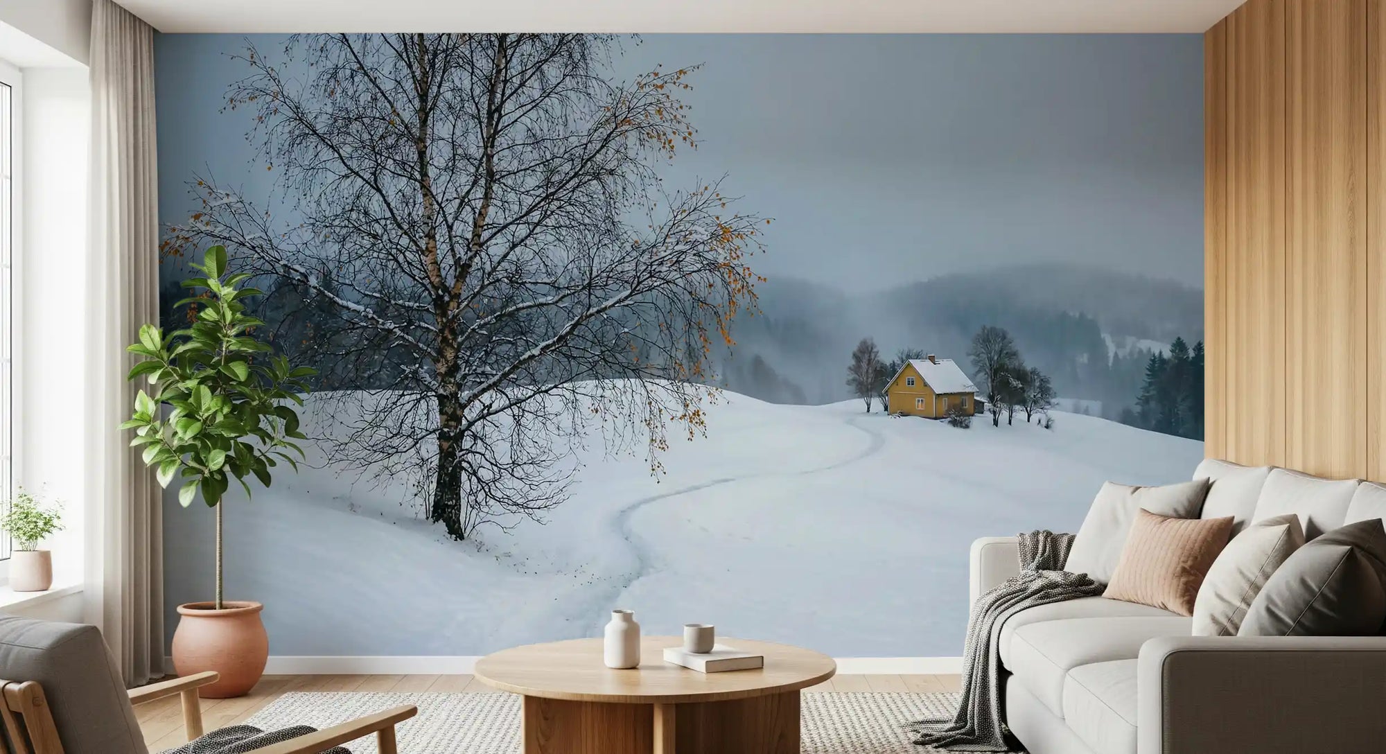 Snowy Path Yellow House wall mural spanning a living room in cool winter tones