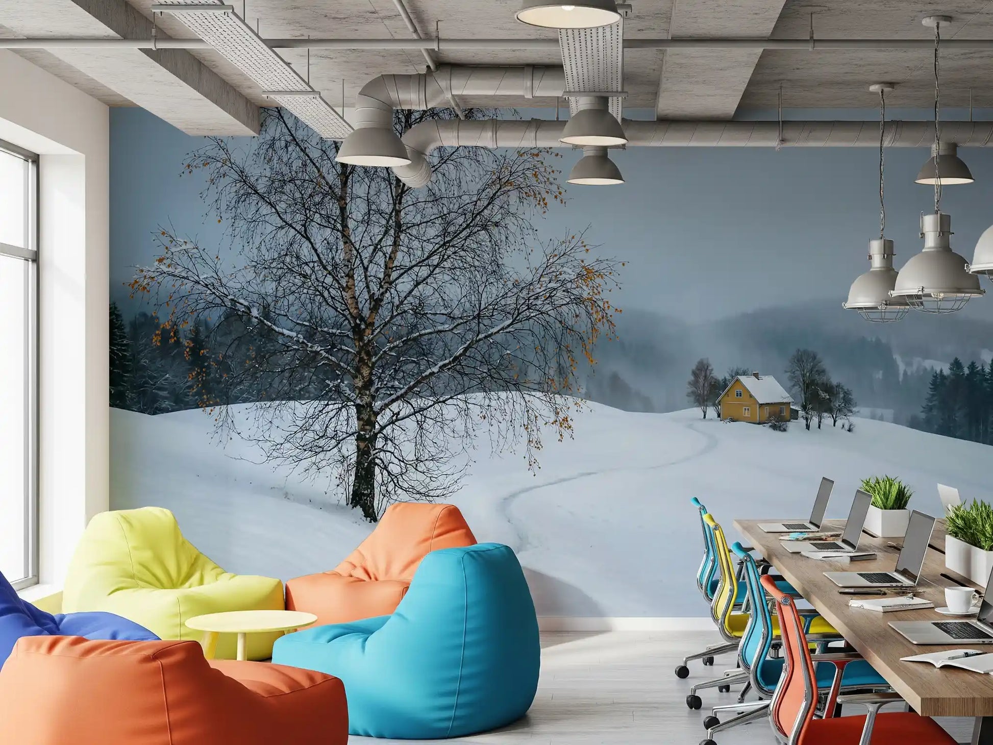 Full view of Snowy Path to the Yellow House wall mural in steel blue and white