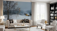 Bare birch tree detail on the Yellow House winter wall mural surface
