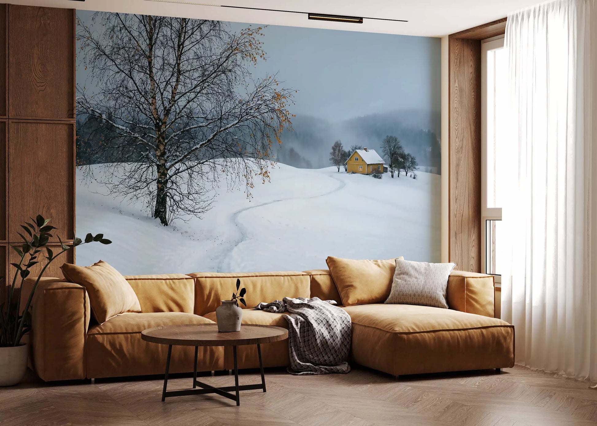 Winter snow path wall mural spread across a hallway in cool grey tones
