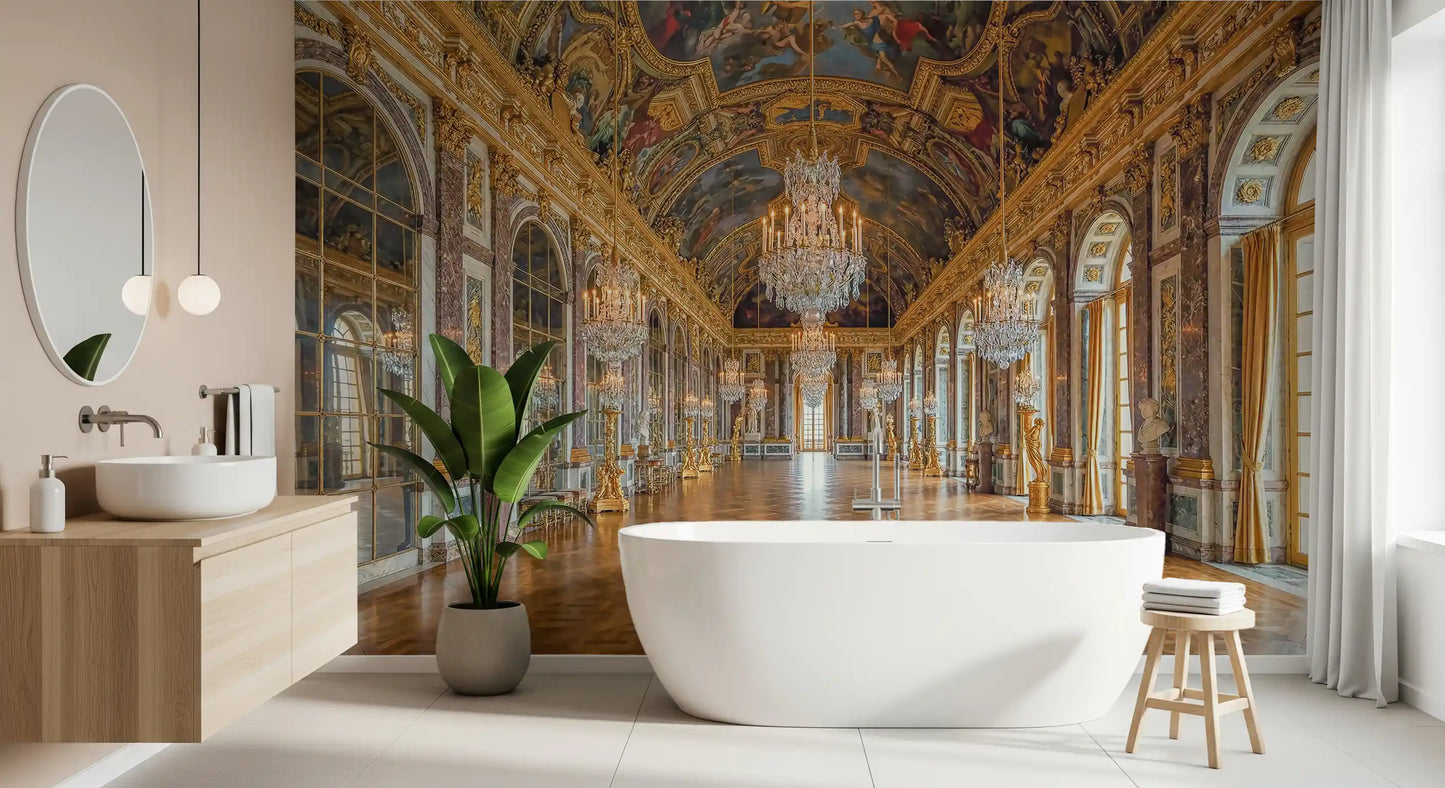 Amber-lit corridor composition of the Hall of Mirrors Grandeur wall mural