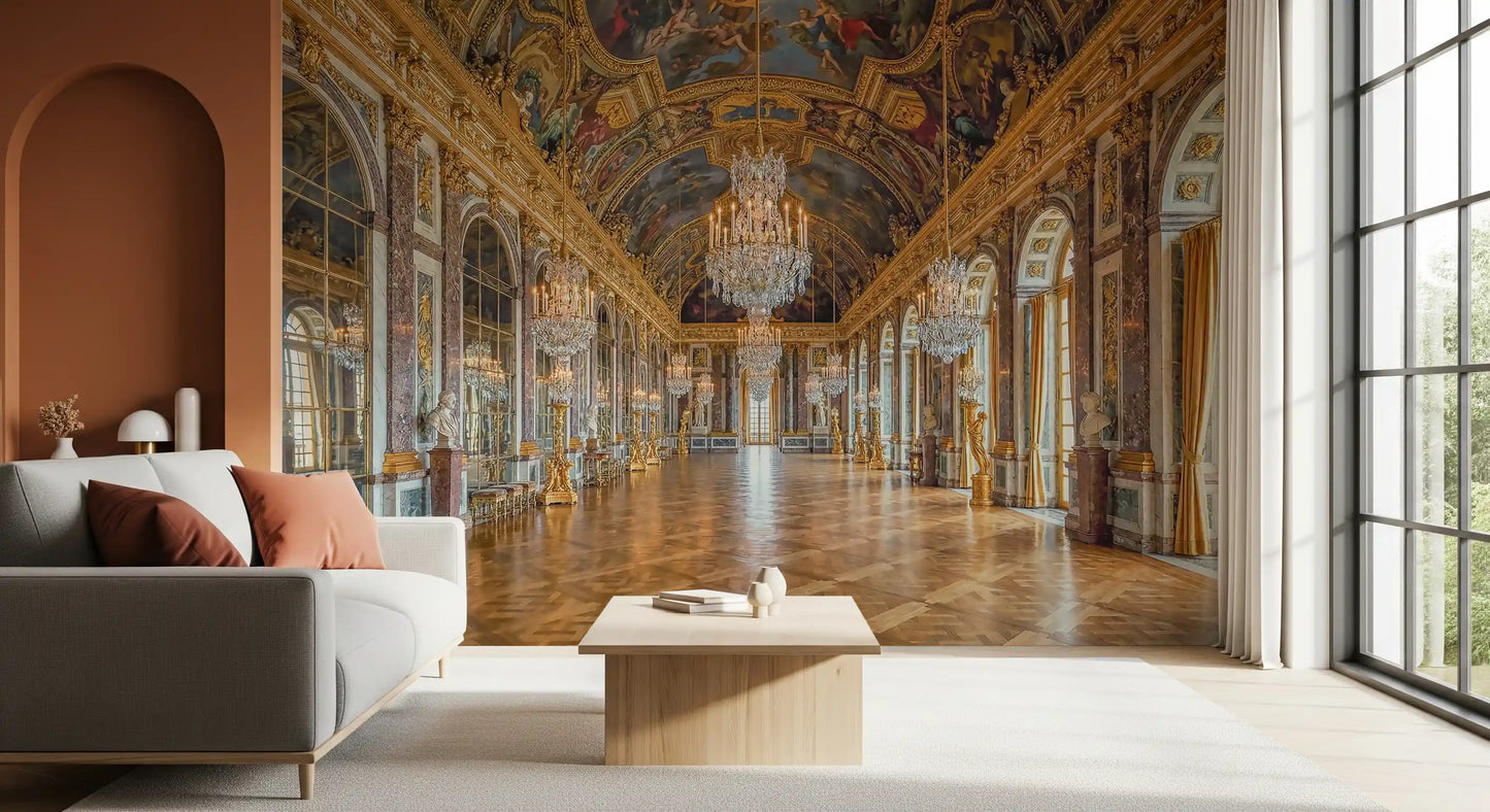 Crystal chandeliers and gilded arches across the Hall of Mirrors Grandeur wall mural