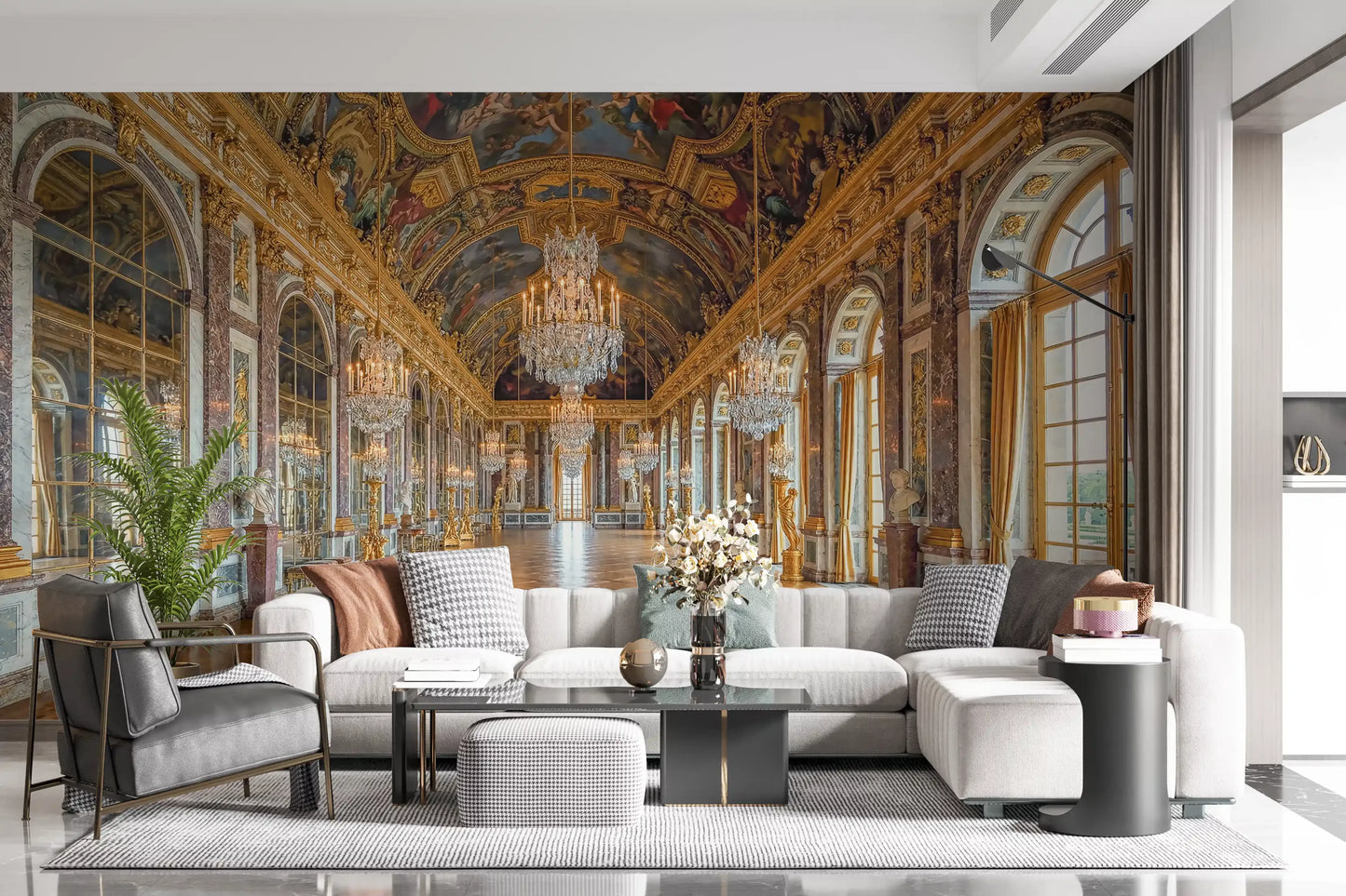 Hall of Mirrors wall mural fitted across a Living room in rich ochre tones