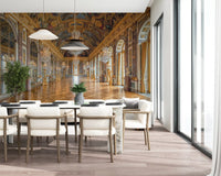 Palace corridor wall mural covering a Dining room in deep amber and blue tones