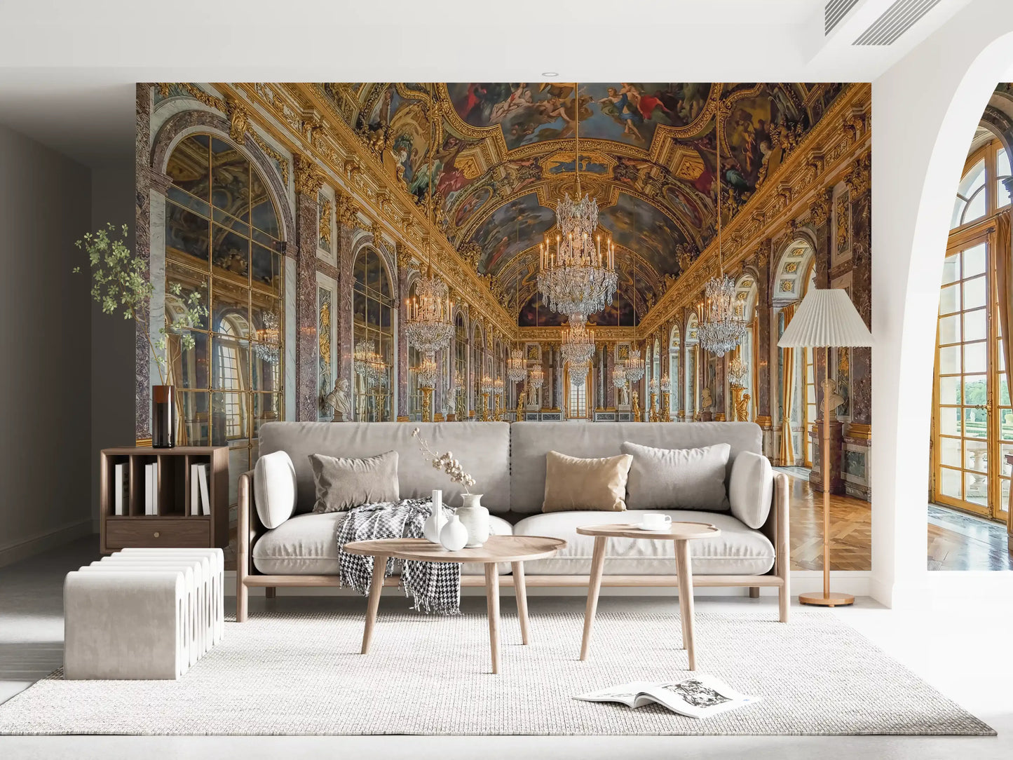 Marble pilasters and mirror panels featured in the Versailles Grandeur wall mural