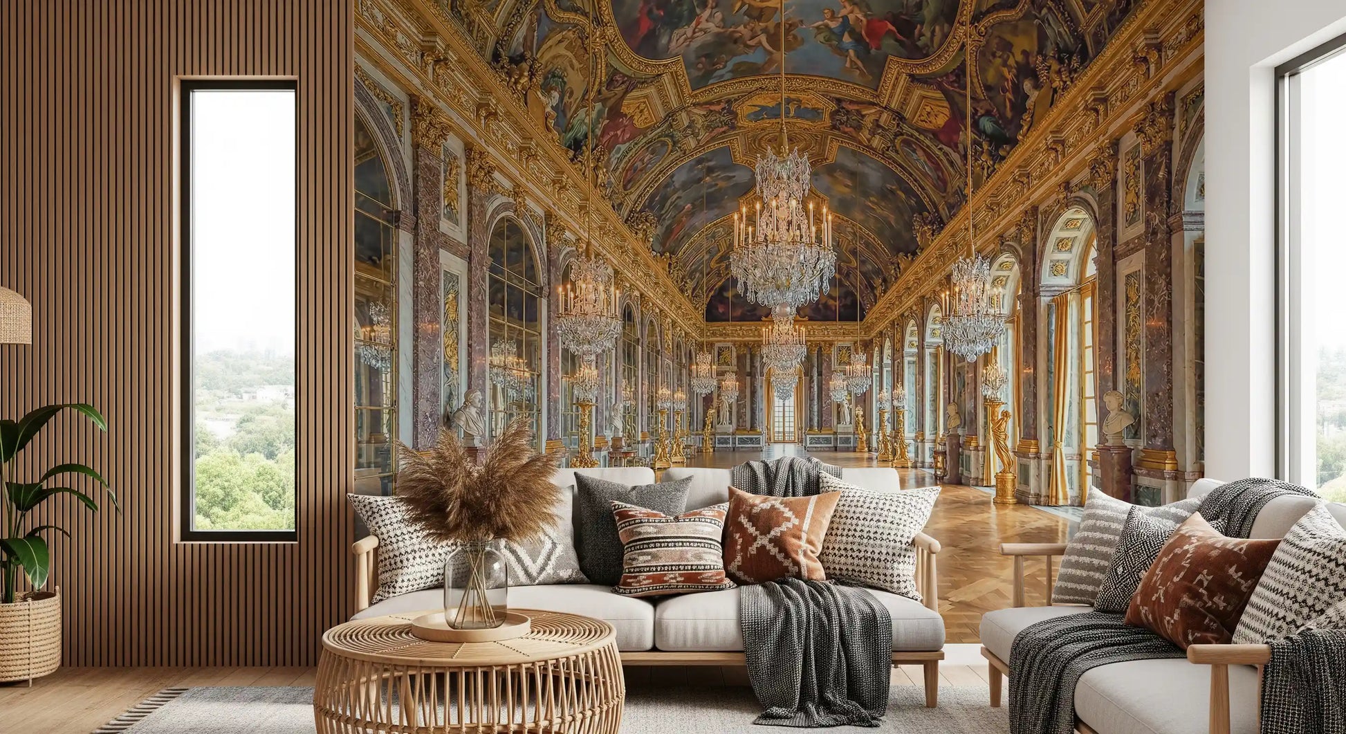 Full panoramic view of the Hall of Mirrors wall mural in warm gold and burgundy