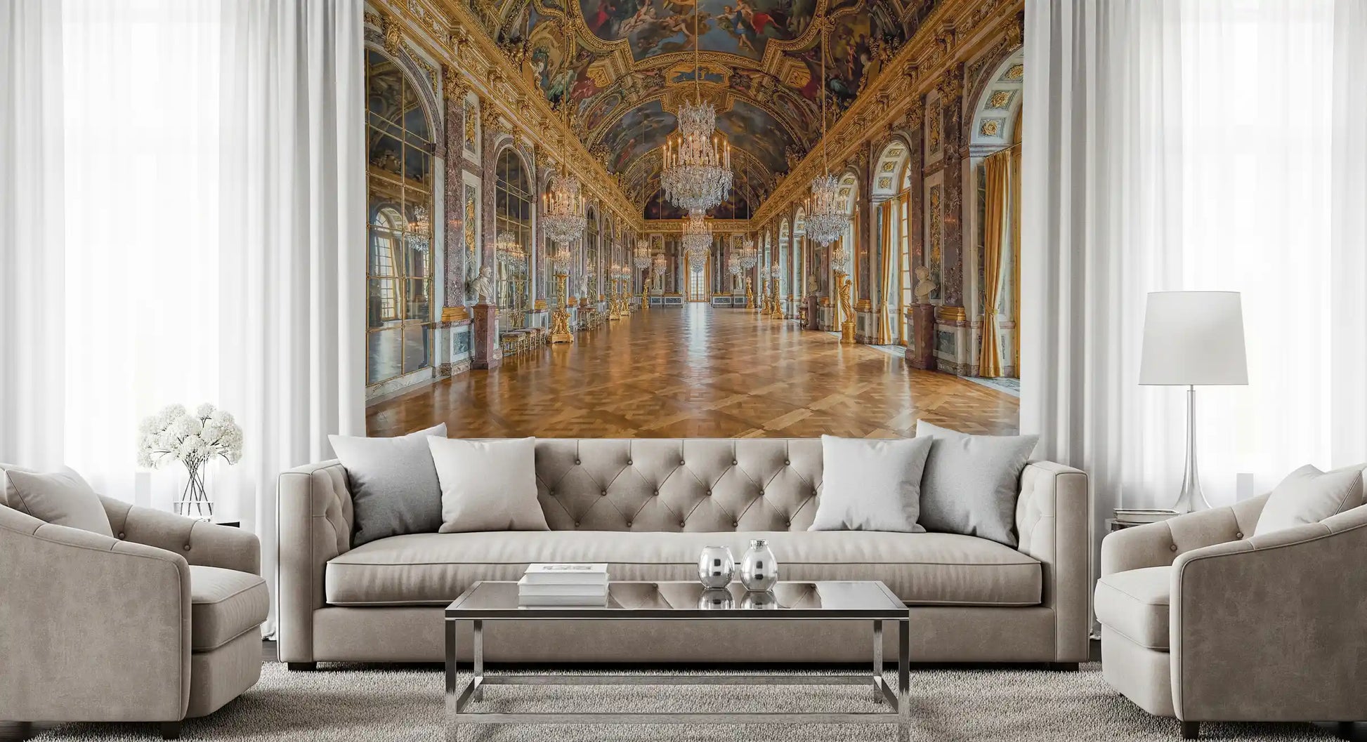 Versailles Grandeur wall mural wrapping a living room in warm amber and gold