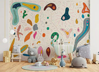 Scattered colorful organic blobs and dash marks on the shapes wall mural