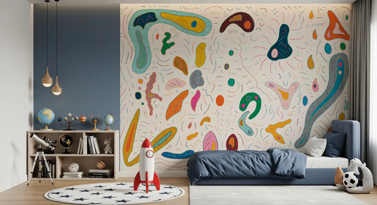 Pink, orange, and navy abstract shapes on the playful wall mural