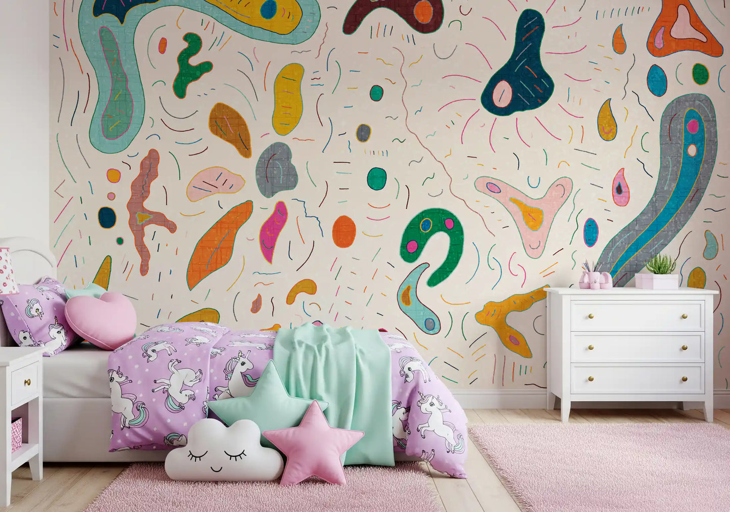 Colorful abstract shapes wall mural covering the full nursery