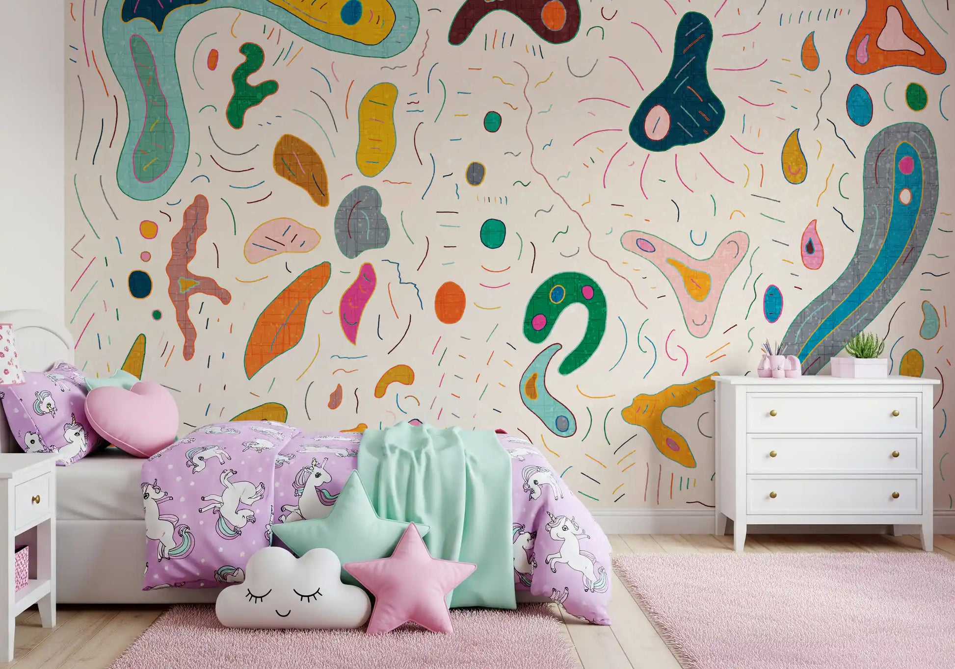 Colorful abstract shapes wall mural covering the full nursery