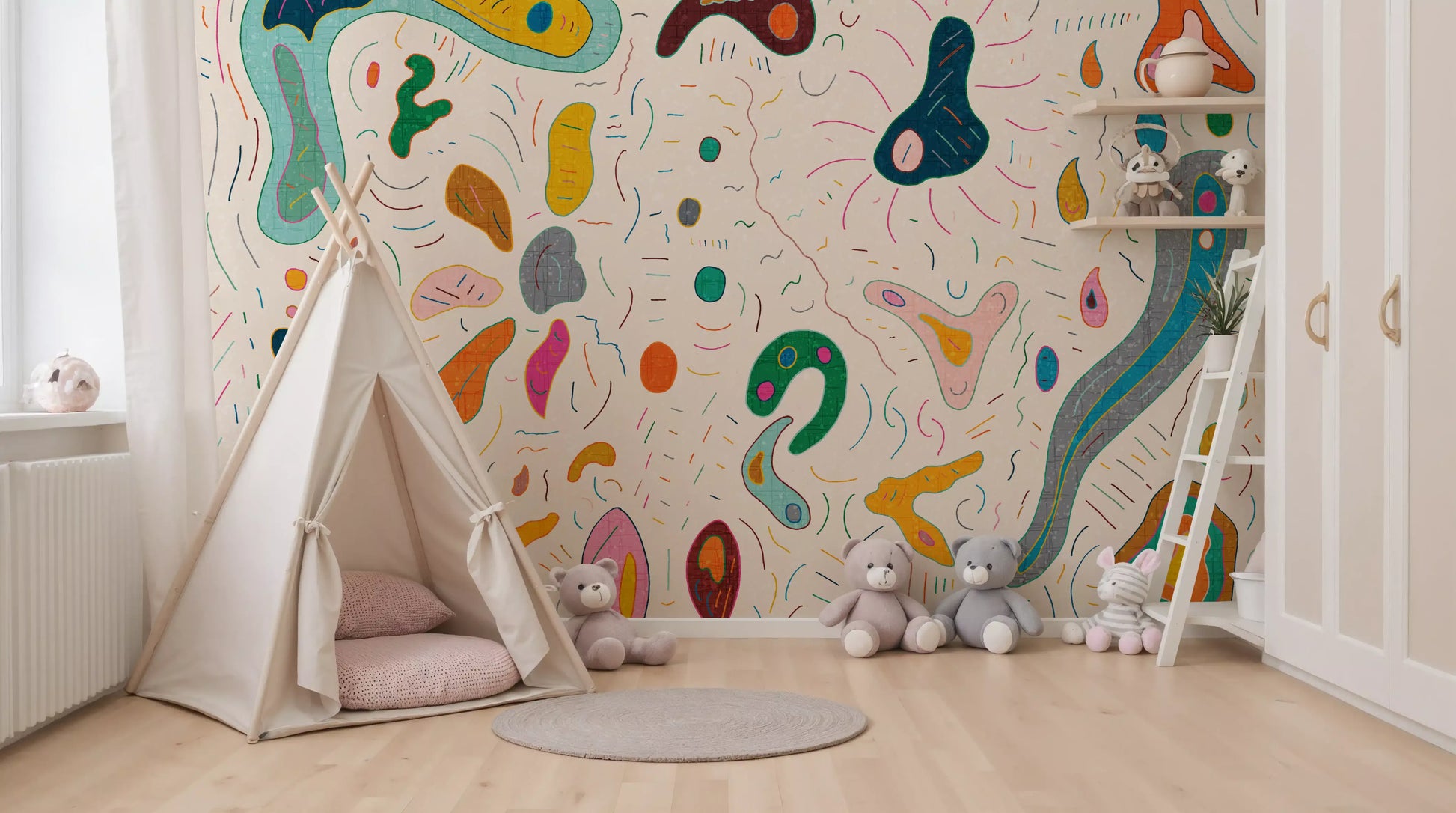 Scattered abstract shapes wall mural set in a modern kids' room