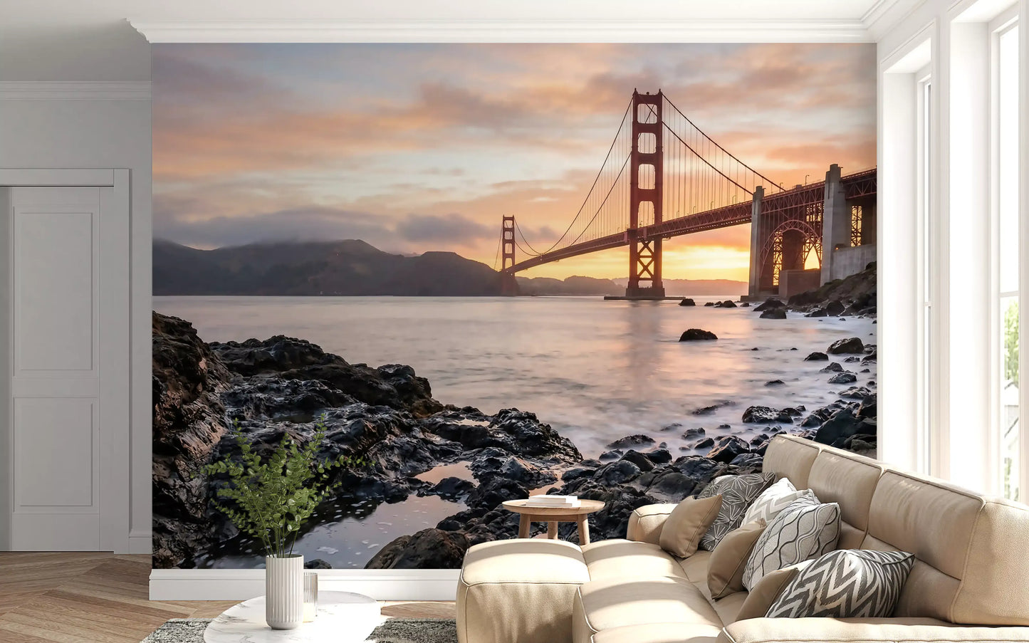 Mountain silhouettes and calm water complete the Golden Gate Bridge wall mural composition