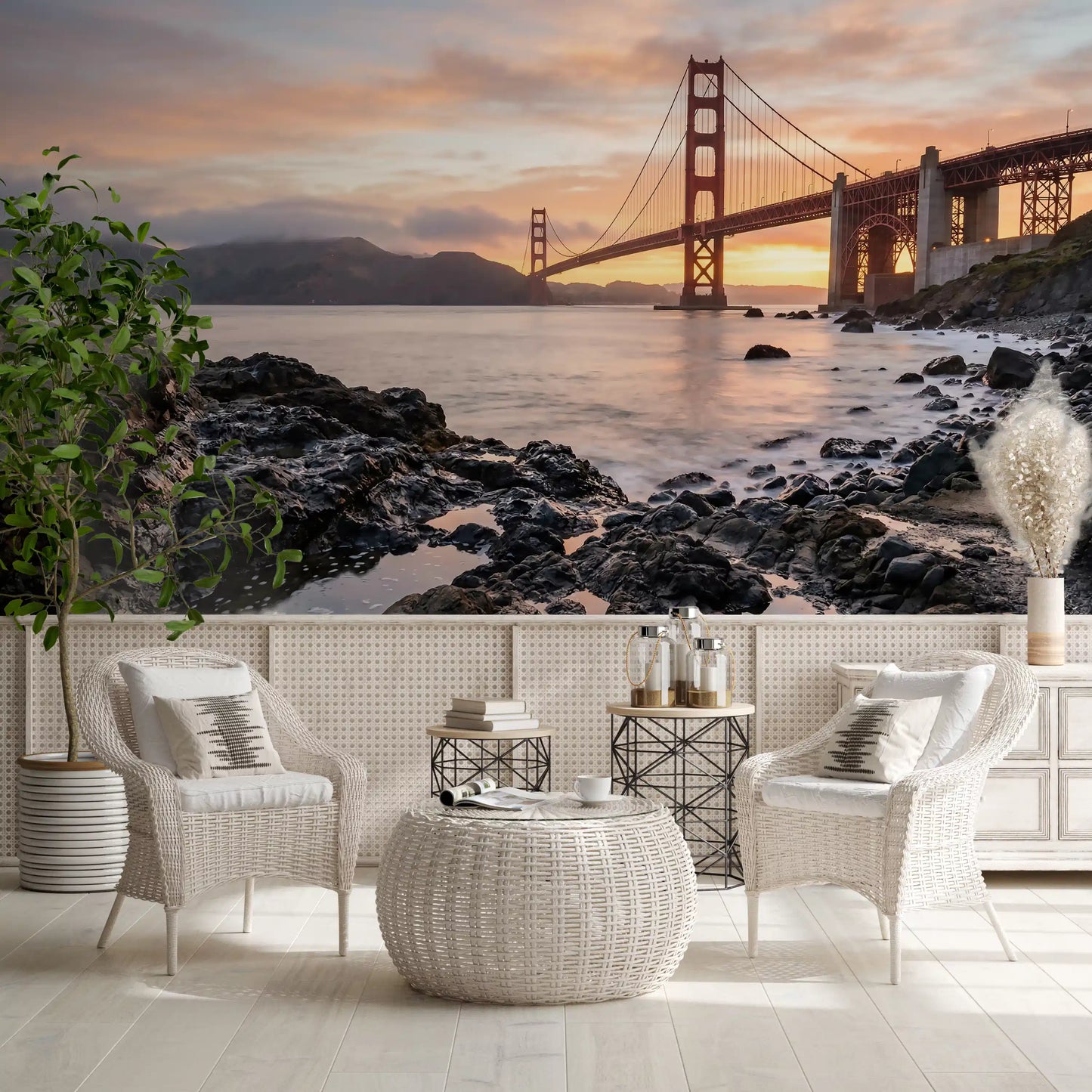 The bridge cables stretch upward into soft clouds on this Golden Gate wall mural