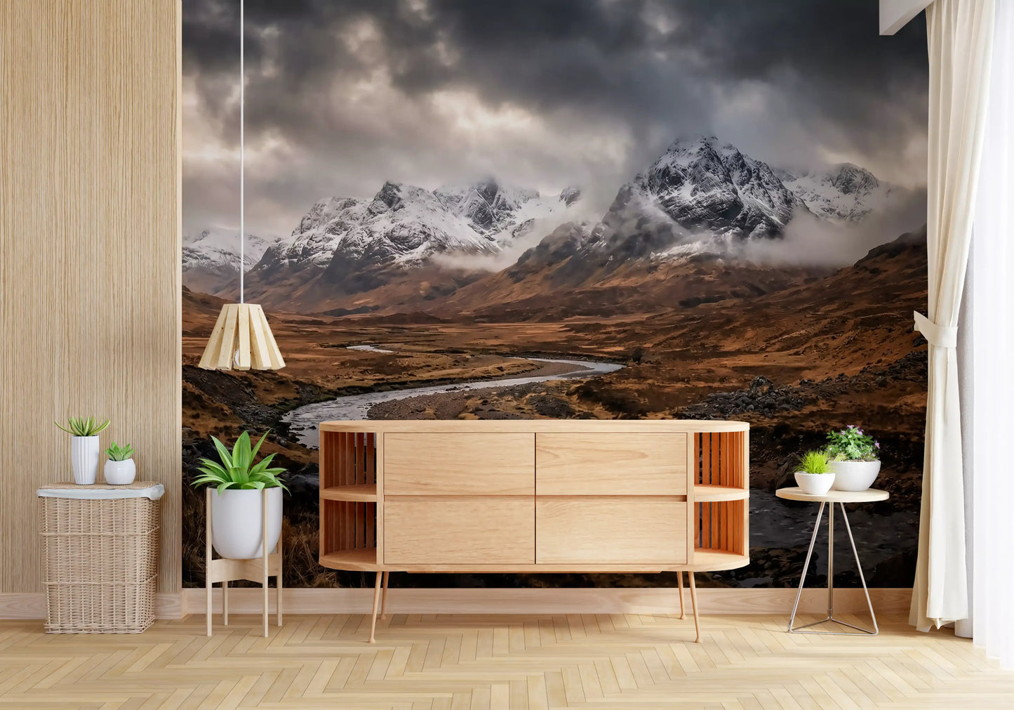 Full panoramic view of Rugged Mountain Flow wall mural in amber and slate grey