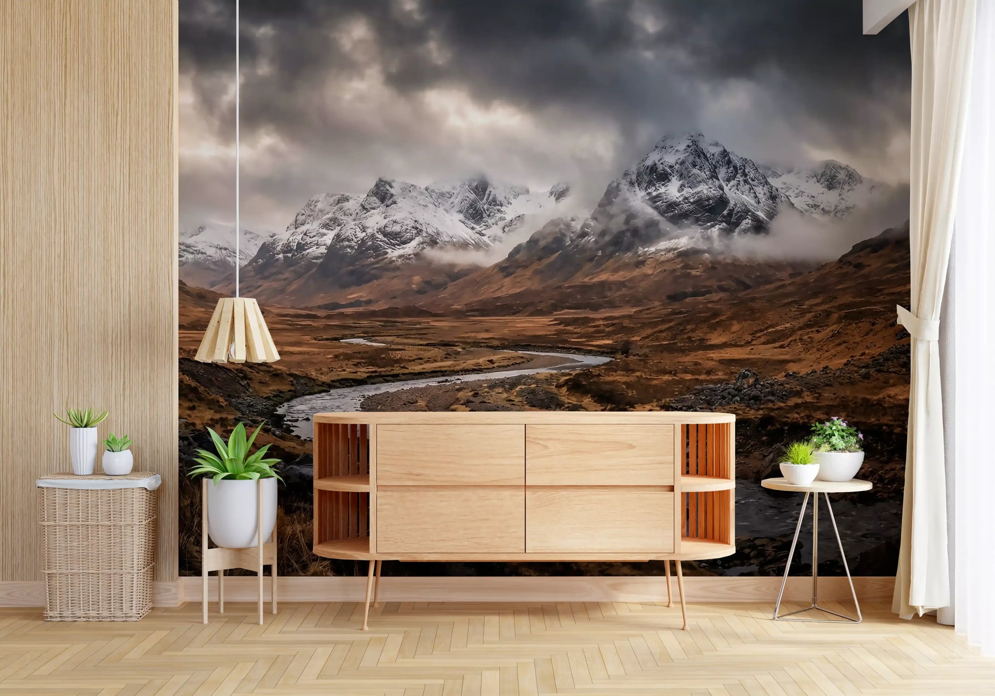 Full panoramic view of Rugged Mountain Flow wall mural in amber and slate grey