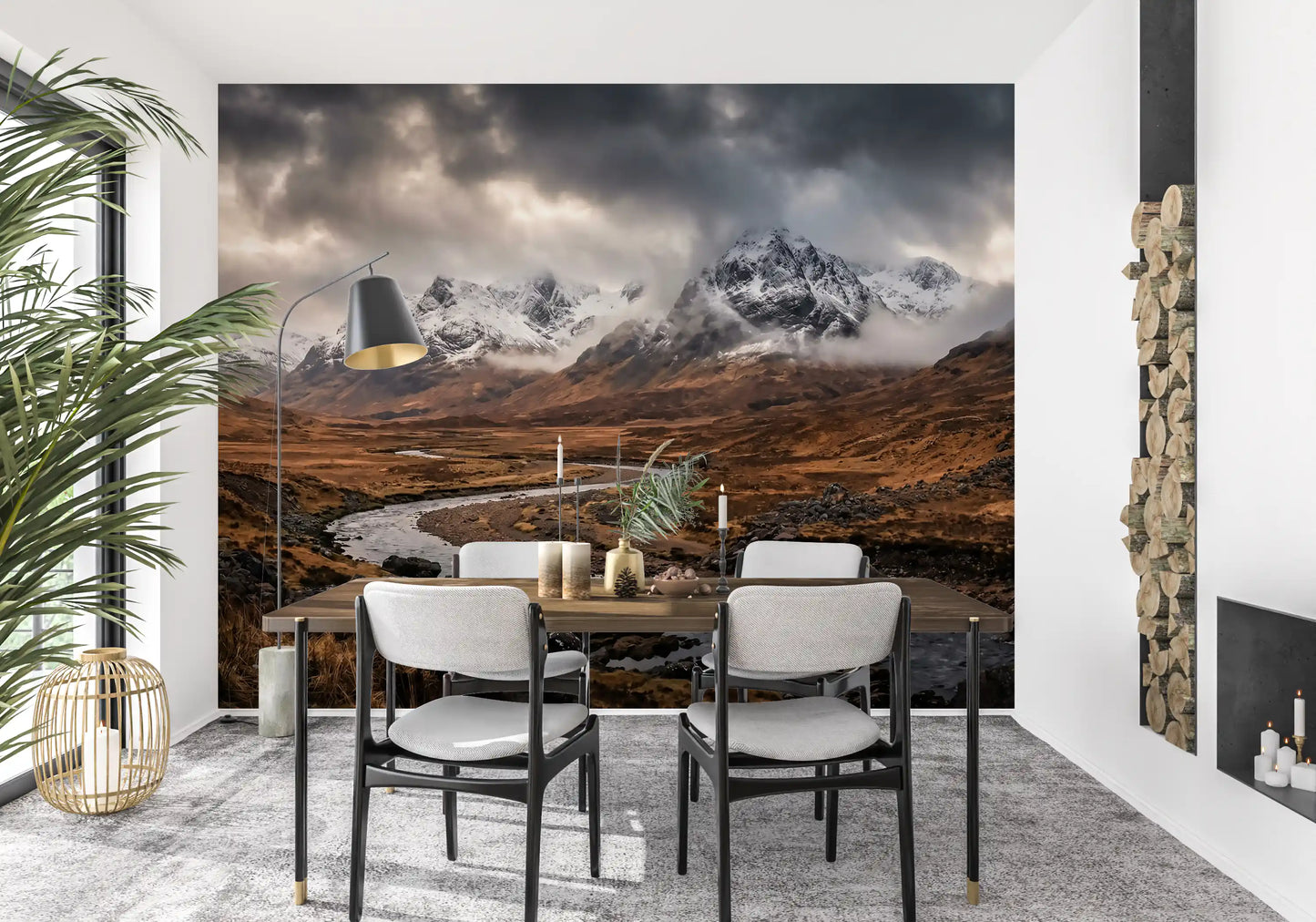 Rugged Mountain wall mural covering a Dining room in deep highland browns and grey