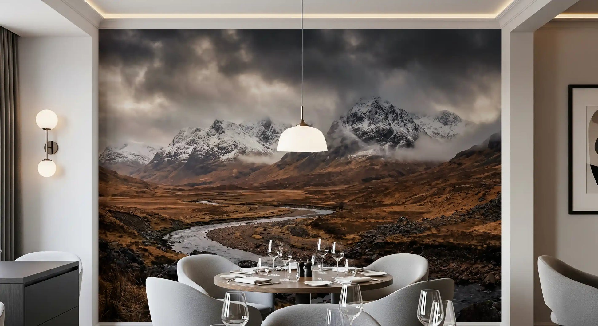 Rocky winding river in the foreground of Rugged Mountain Flow wall mural