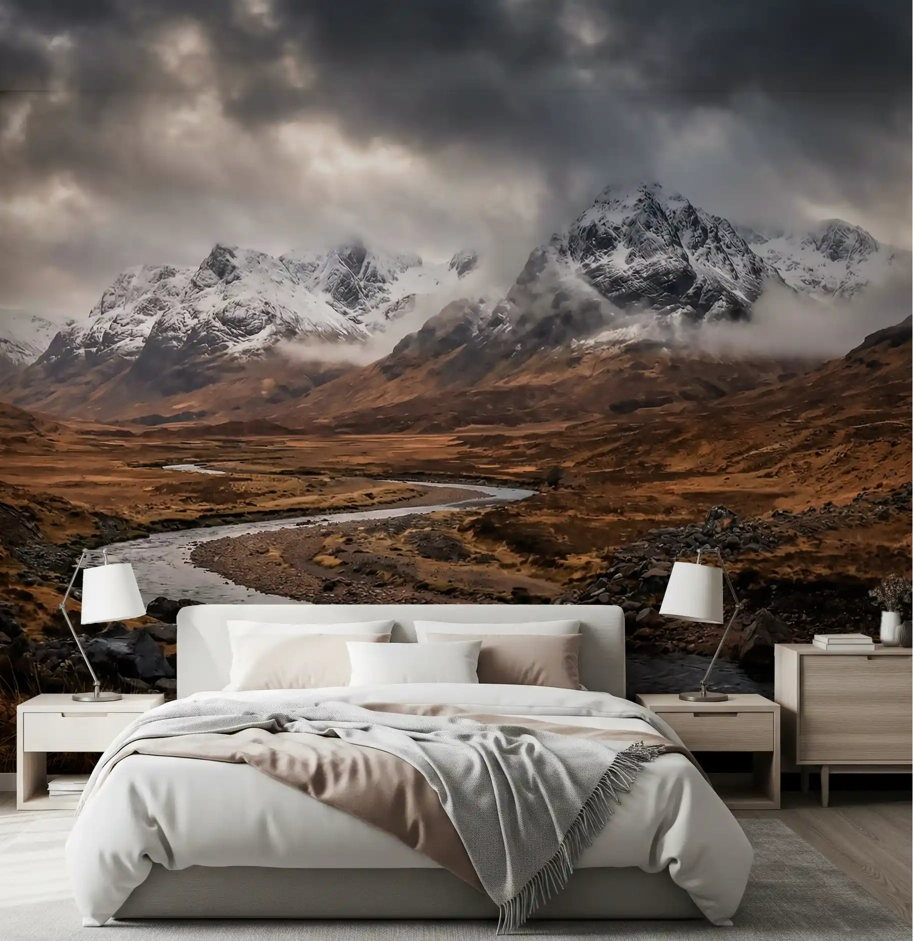Rugged Mountain Flow wall mural behind a bedroom in dramatic storm cloud tones