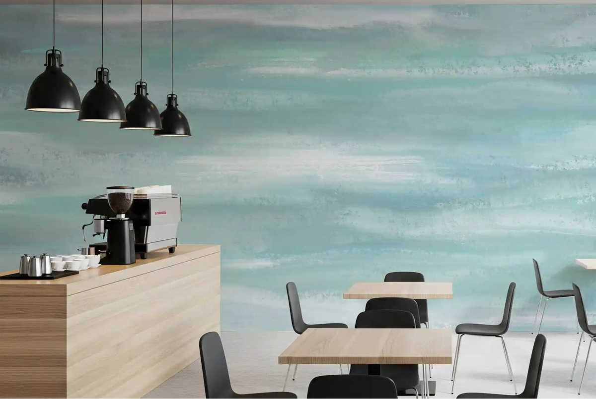 Aqua Horizon Strokes wall mural covering a Café Dining in soft teal and white