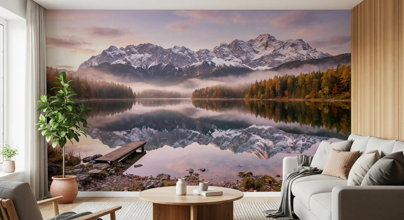 Alpenglow lake wall mural viewed from a living room with large windows