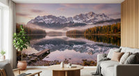 Alpenglow lake wall mural viewed from a living room with large windows