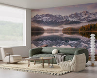 Morning mist drifting over the tree line in the alpenglow lake wall mural