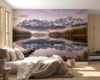 Autumn trees in gold and orange lining the shores in this landscape wall mural