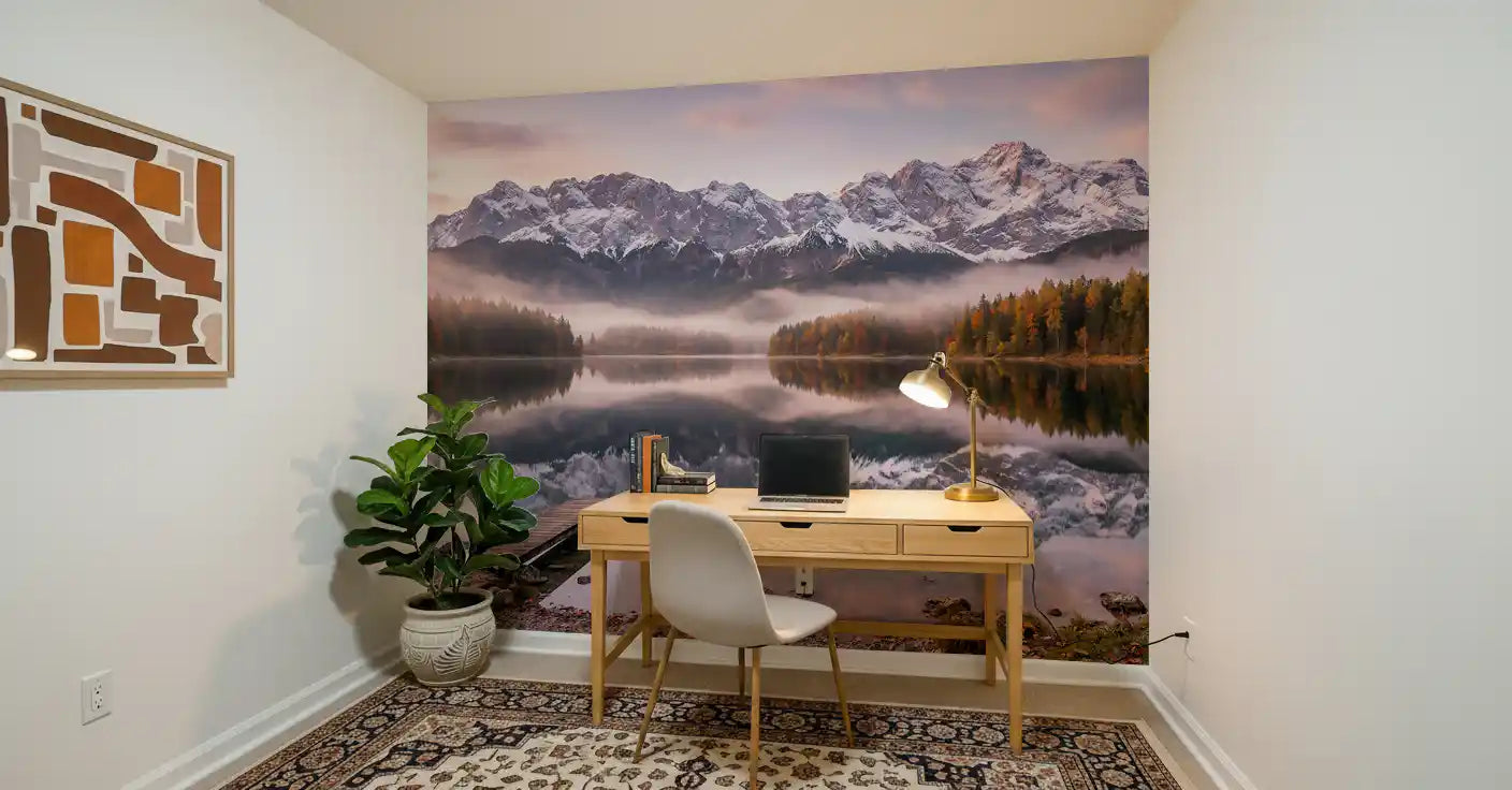 Autumn mountain lake wall mural in a contemporary open-plan study
