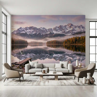 Wooden dock extending into the still lake on the alpenglow wall mural