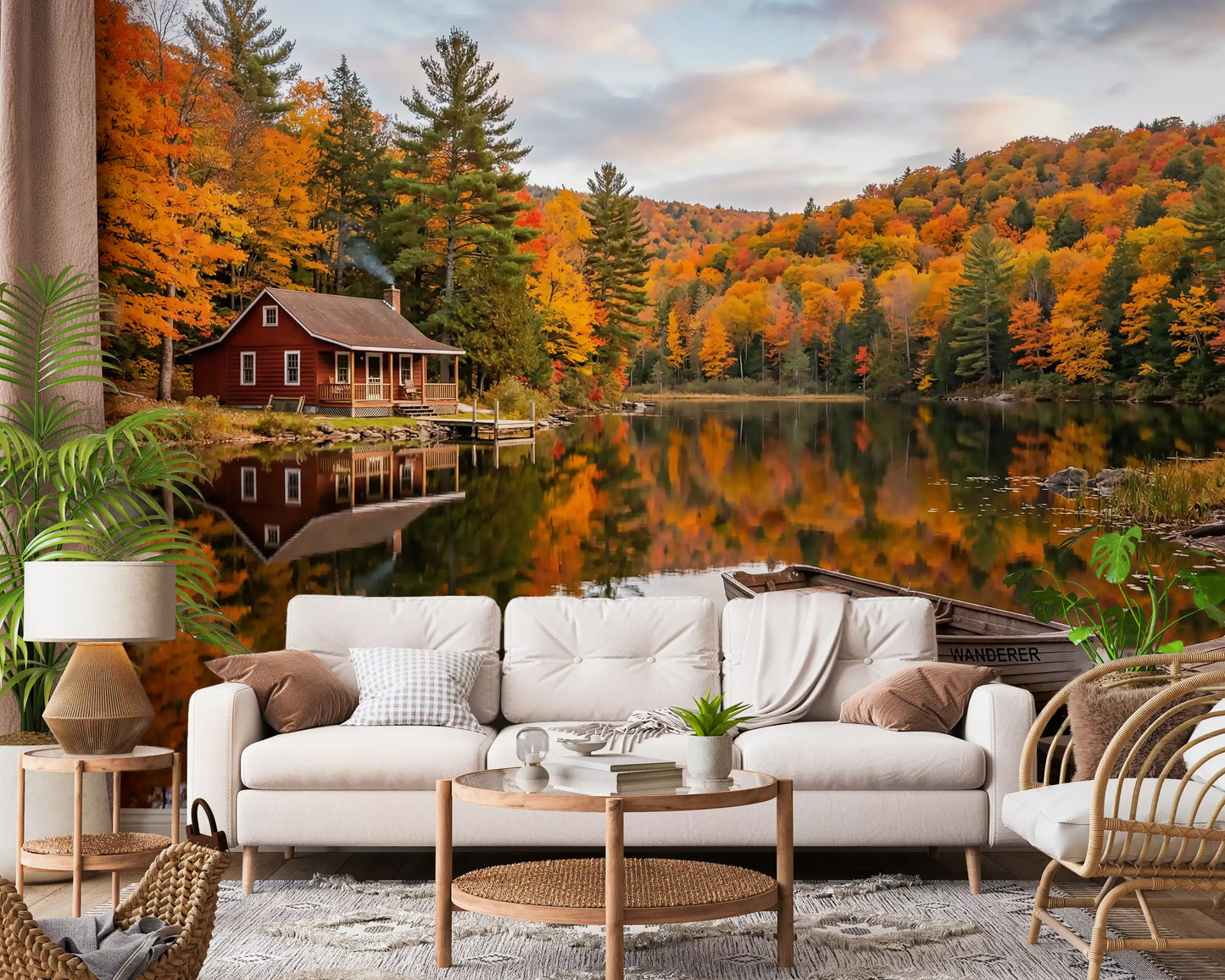 Dense autumn foliage in orange and red across the Lakeside Dream wall mural