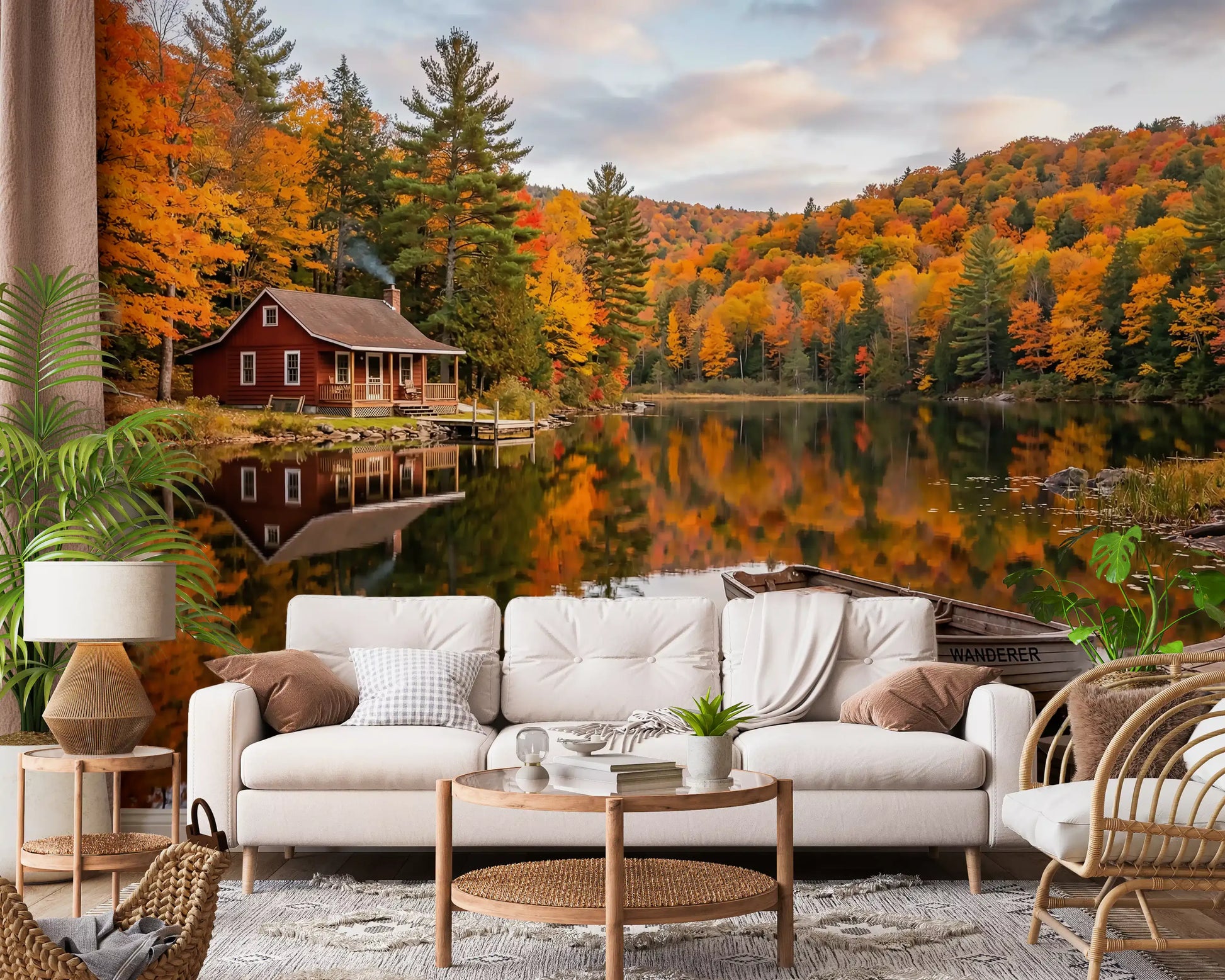Dense autumn foliage in orange and red across the Lakeside Dream wall mural