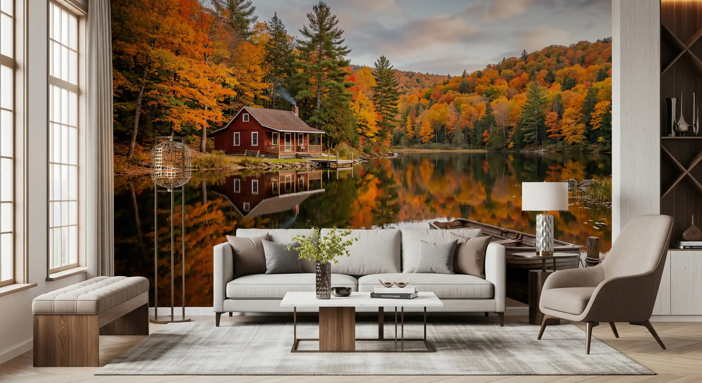 Full panoramic view of Autumn Lakeside Dream wall mural in amber and orange