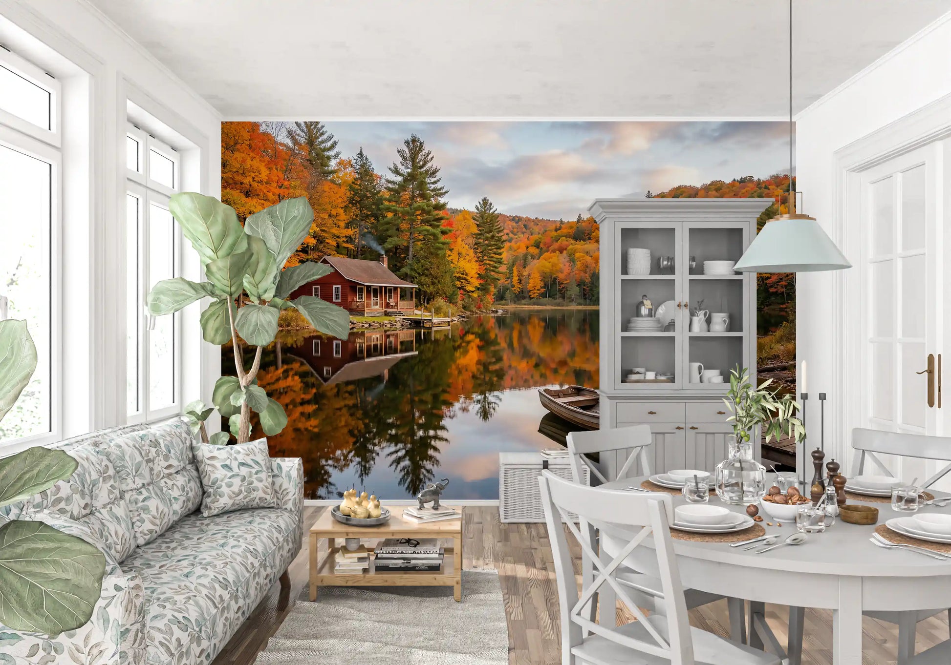 Fall foliage reflection wall mural in a dining room in layered amber and orange
