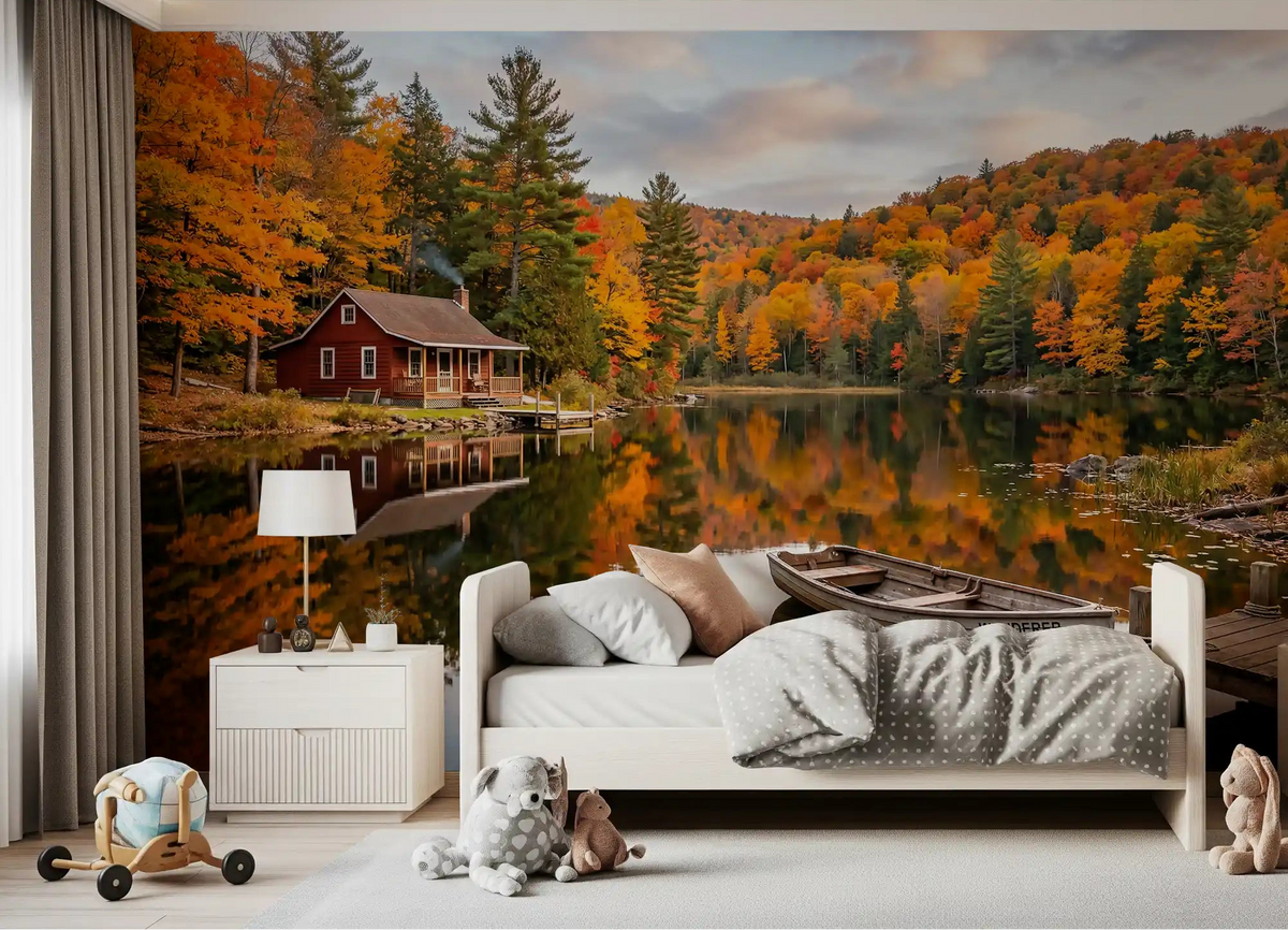 Autumn Lakeside Dream wall mural filling a Kids bedroom in warm amber and orange tones