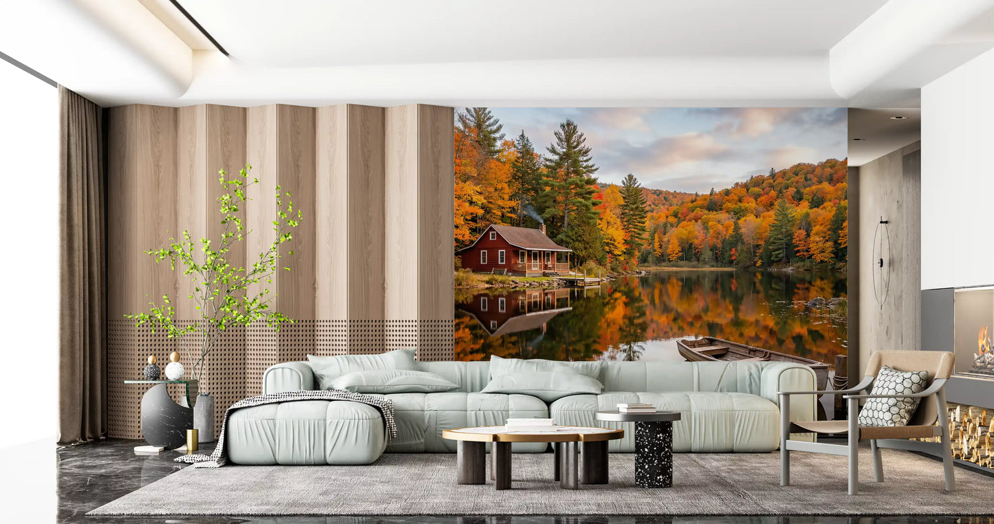 Wooden rowboat docked in the foreground of the Lakeside Dream wall mural