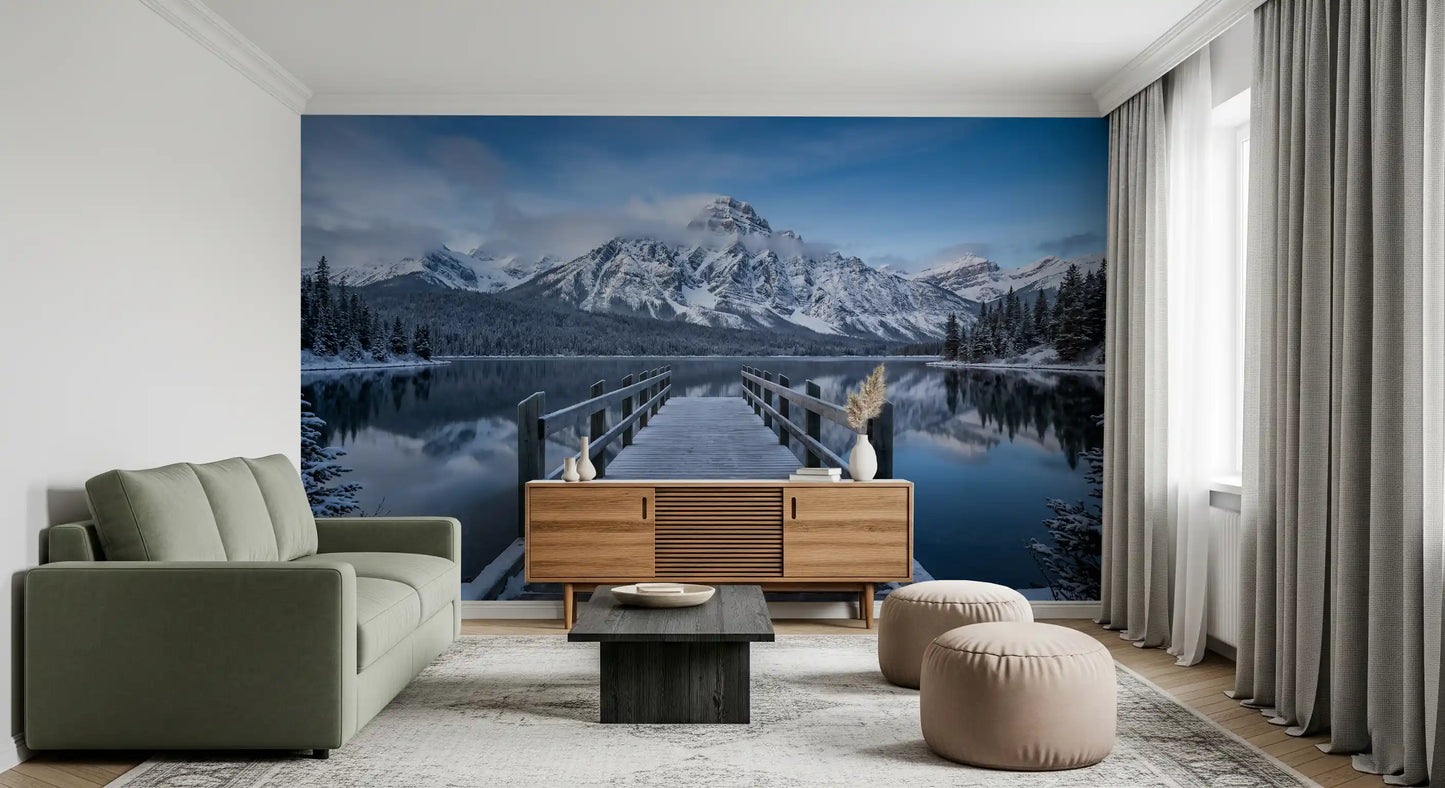Winter Serenity wall mural running the width of a living room in cool blue