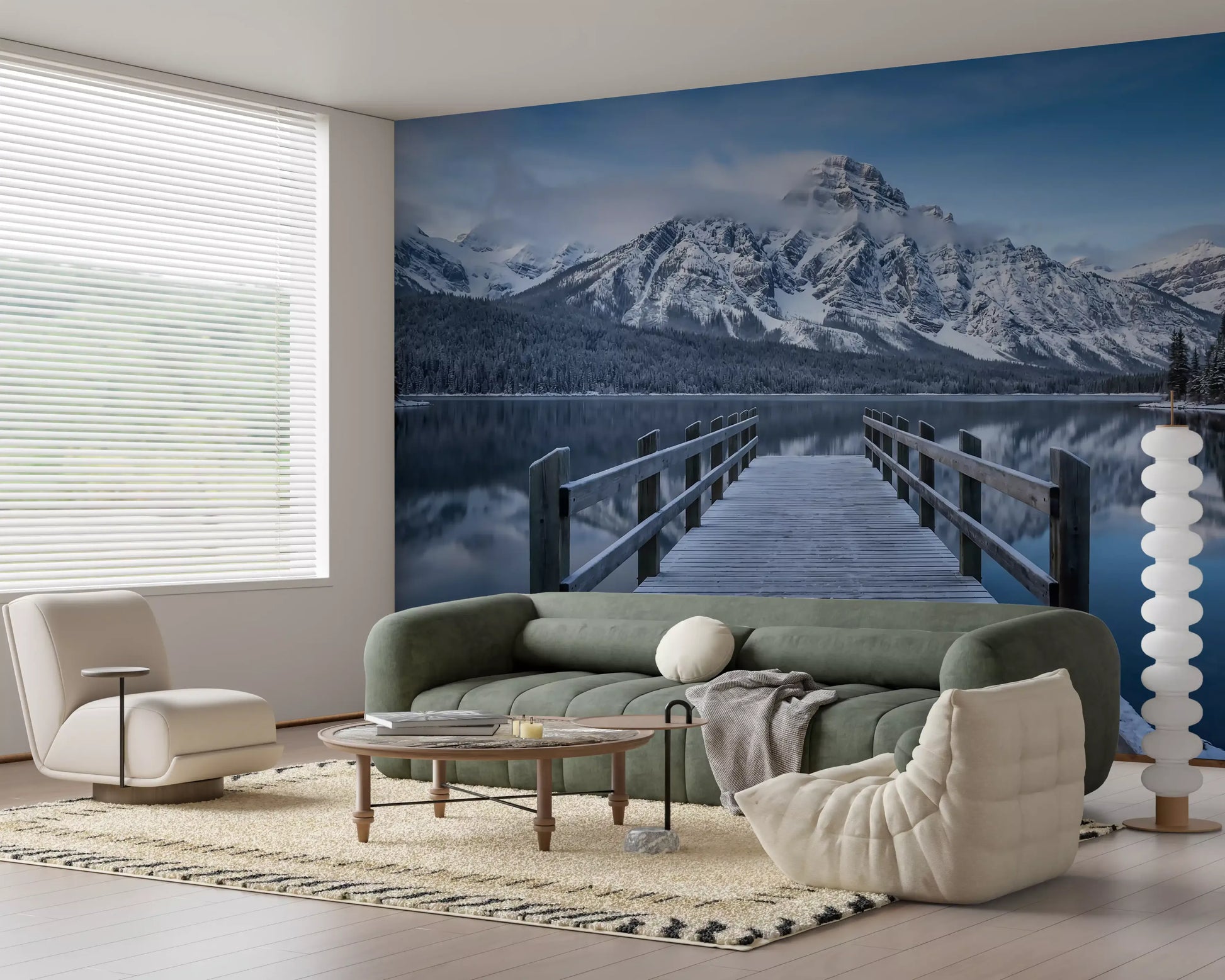Reflected snow-capped peaks in the still water of the Winter Serenity wall mural