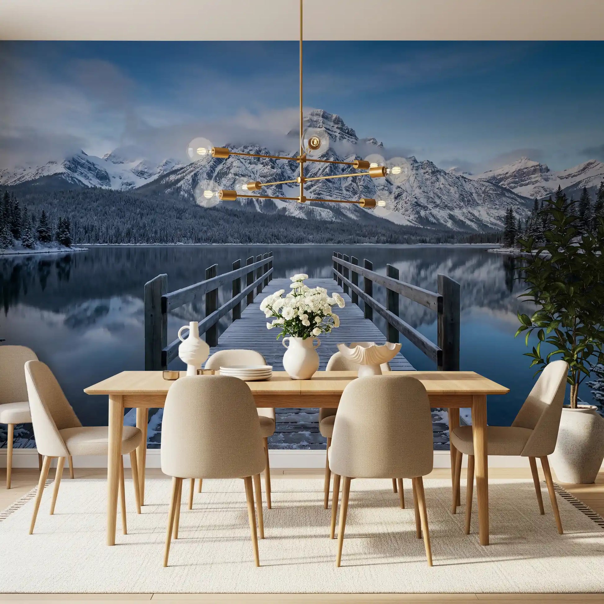 Crisp winter panorama of the Winter Lake Serenity wall mural with frosted dock
