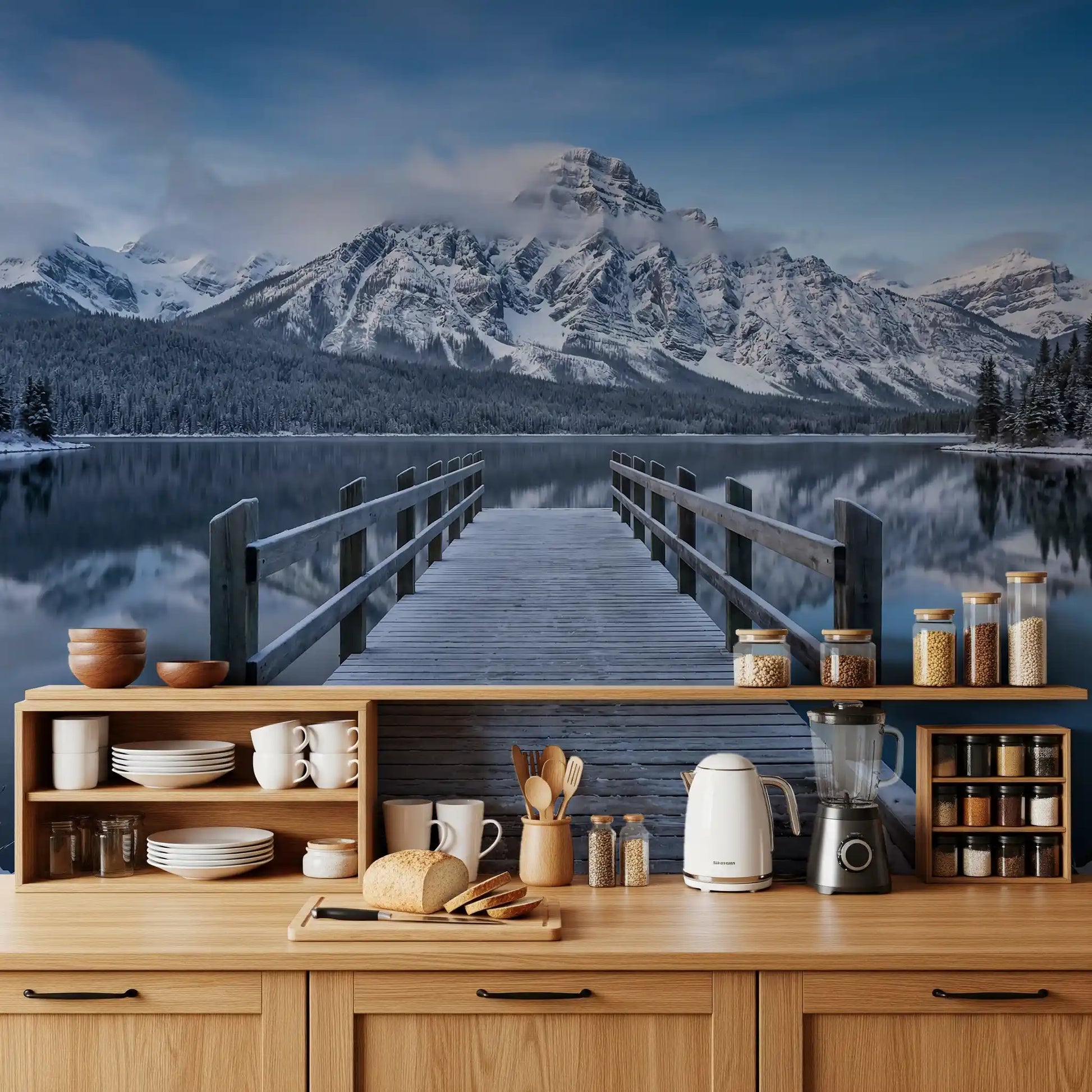 Dark pine treeline flanking the lake in this Winter Lake Serenity wall mural