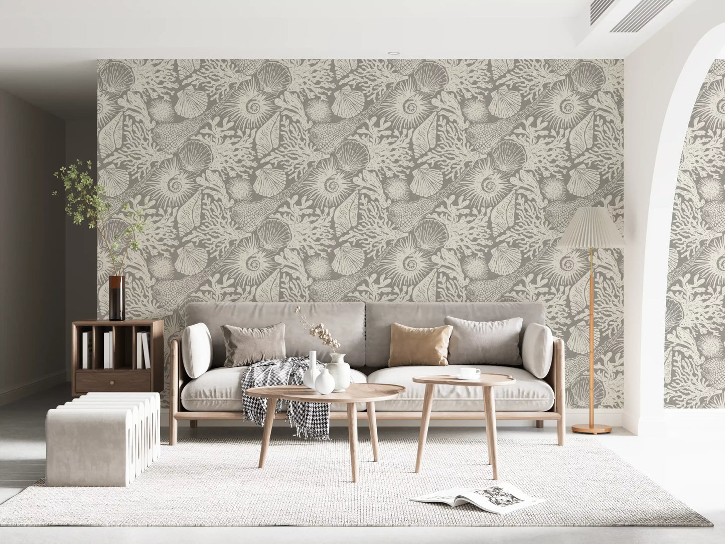 Boho Seashell & Coral Gray Wallpaper⁠