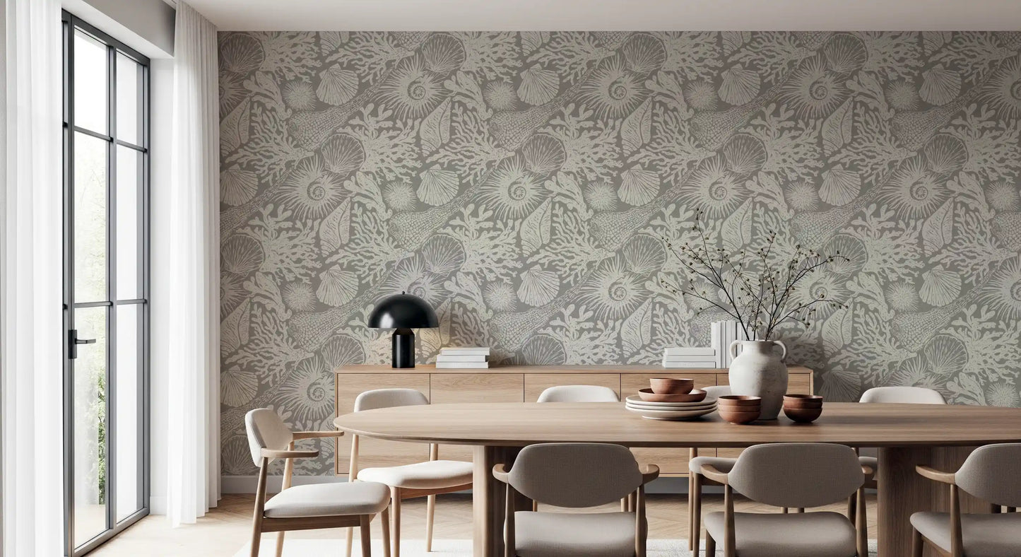 Boho Seashell & Coral Gray Wallpaper⁠