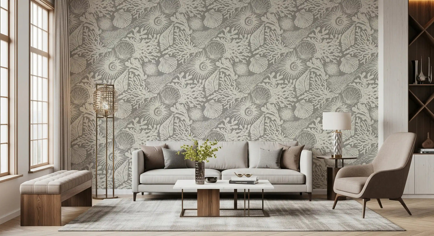 Boho Seashell & Coral Gray Wallpaper⁠