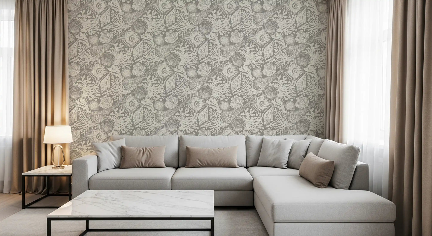 Boho Seashell & Coral Gray Wallpaper⁠