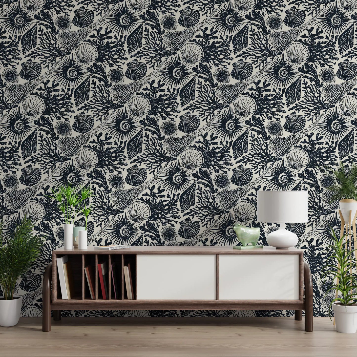 Boho Seashell & Coral Midnight Blue Wallpaper⁠