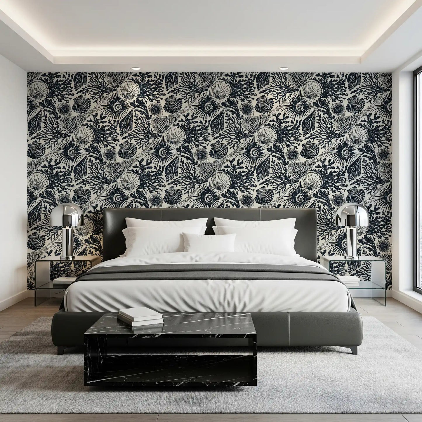 Boho Seashell & Coral Midnight Blue Wallpaper⁠